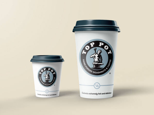 Picture of an 8oz and 16oz Top Pot Doughnuts paper cup.